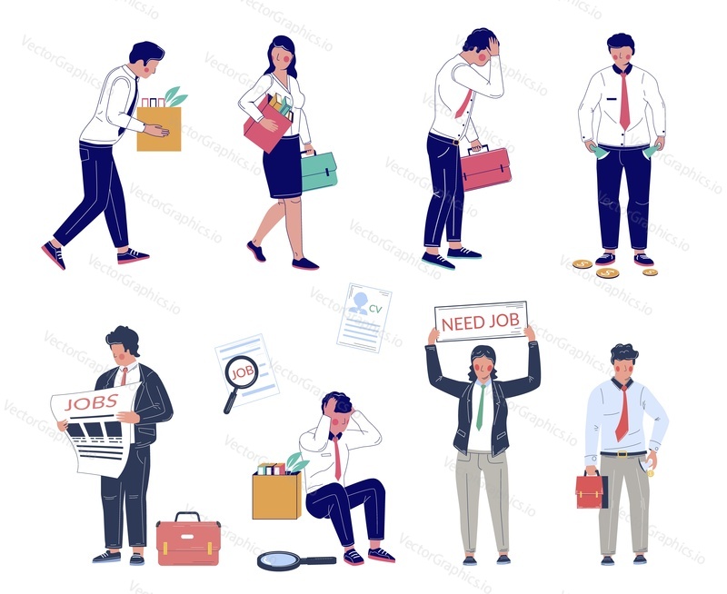 Unemployment vector. Fired business people flat set. Employee with box leave work place illustration. Dismissed staff unhappy man and woman isolated on white background