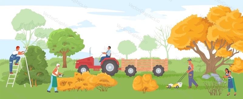 Farmer work on agriculture farm field vector illustration. People harvesting, gardening, mowing and gathering hay in village cartoon. Farmland at countryside, rural garden work concept