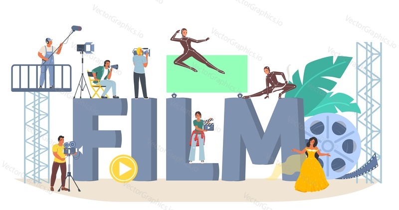 Film production vector. Cinema illustration. Cartoon people in the studio making movie video. Filmmaking online course or cinematography festival award ceremony concept