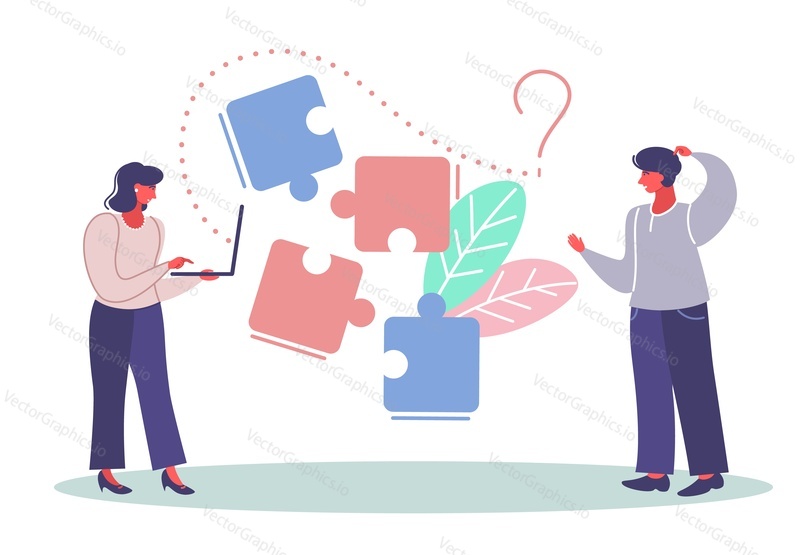 Work task vector. People connecting puzzle illustration. Teamwork, team building, corporate organization, partnership, problem solving, innovative business approach, brainstorming, unique idea skills