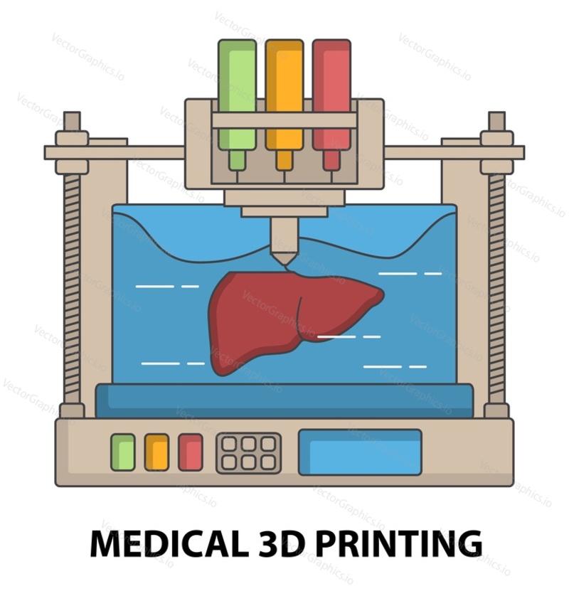 Medical 3d printing vector. Transplant organ prototyping on 3d-printer in hospital laboratory. Healthcare and medicine illustration. Liver bio-printing technology