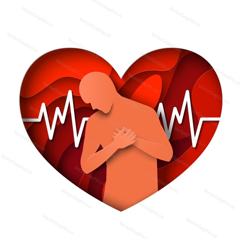 Мужчина, держащий грудь над вектором символа сердечного приступа. Иллюстрация пациентки, страдающей от боли в груди. Проблемы с сердцем, ишемическая болезнь сердца. Вырезанный из бумаги значок искусства рукоделия оригами