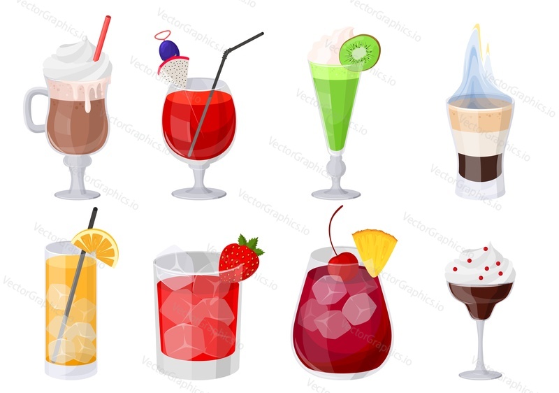 Cartoon tropical cocktails with ice and juice vector. Alcohol drink and non-alcoholic beverage isolated party set. Fresh aperitif icon for restaurant cocktail-hall menu illustration