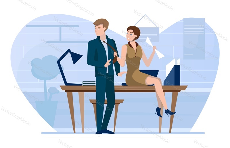 Young woman worker harassing male colleague flat vector illustration. Sexual harassment in work office, inappropriate communication at workplace