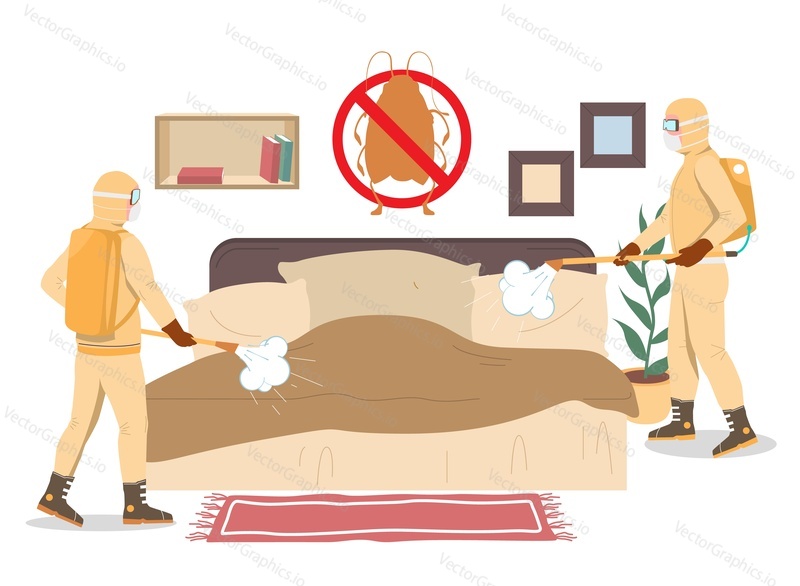 Home pest control service vector. Men professional character wearing uniform and mask using toxic chemical spray processing room killing cockroach harmful insect flat illustration
