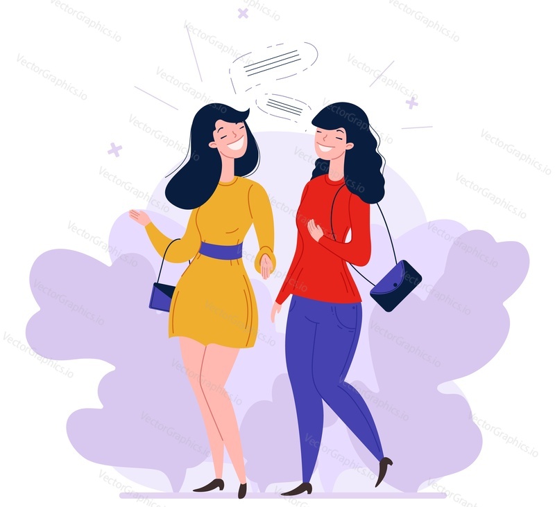 Young woman talking together facing each other vector illustration. Female friends character walking and communicating. Two pretty fashion girl meeting and speaking having informal conversation