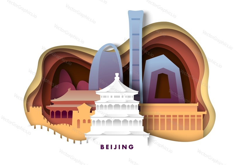Пекин, китайский город в Азии, векторная иллюстрация пейзажа путешествия в стиле оригами, вырезанная из бумаги. Панорама архитектуры исторического здания на фоне городского пейзажа с храмом и современным небоскребом