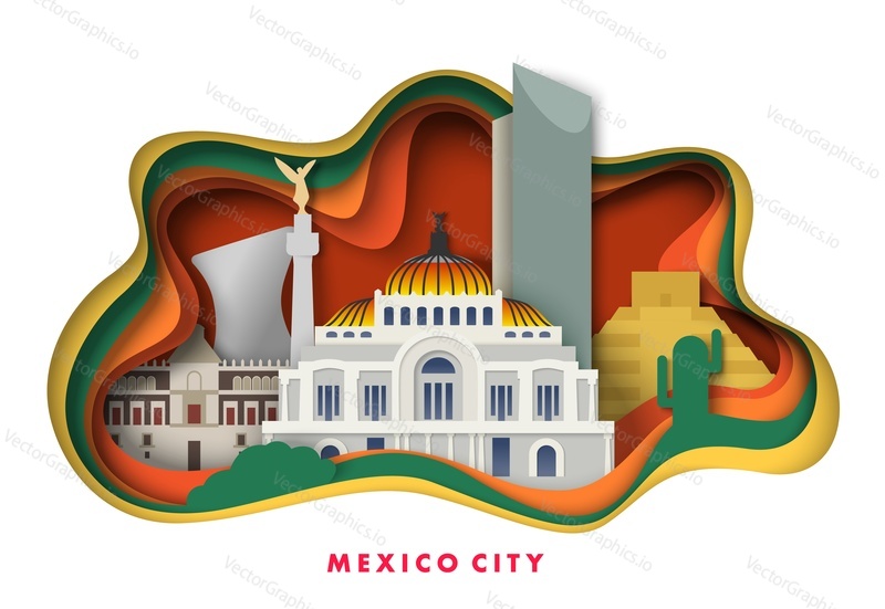 Вектор Мехико. Туристический плакат в стиле оригами. Исторические знаменитые места, древние достопримечательности и архитектурные достопримечательности, вырезанные из бумаги художественные иллюстрации