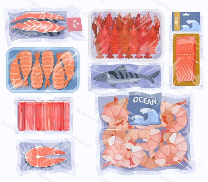 Vacuum packaging with sea food vector set. Salmon fillet, herring, squid, shrimp fish, mussels, crab sticks seafood illustration. Supermarket retail grocery product with long-term storage