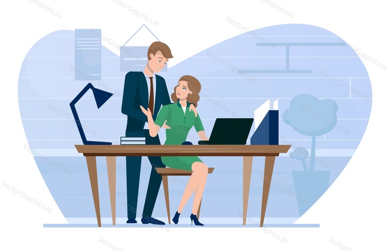 Harassment on work vector. Sexual abuse at workplace illustration. Man boss touching female coworker employee harassing colleague. Inappropriate unprofessional behavior in office