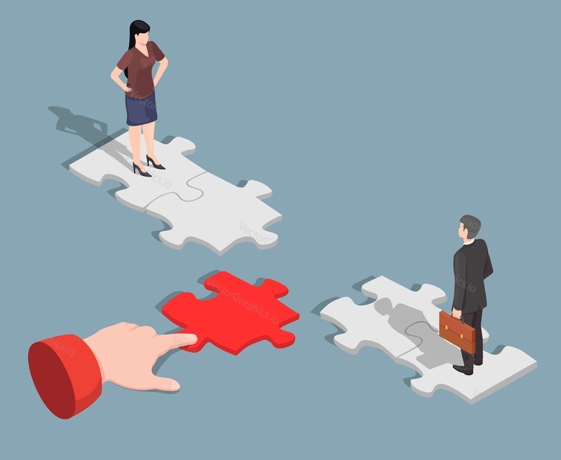 Woman, man couple and jigsaw puzzle pieces vector. Business people problem in partnership and human hand connect bridge between partner illustration. Relationship psychology concept