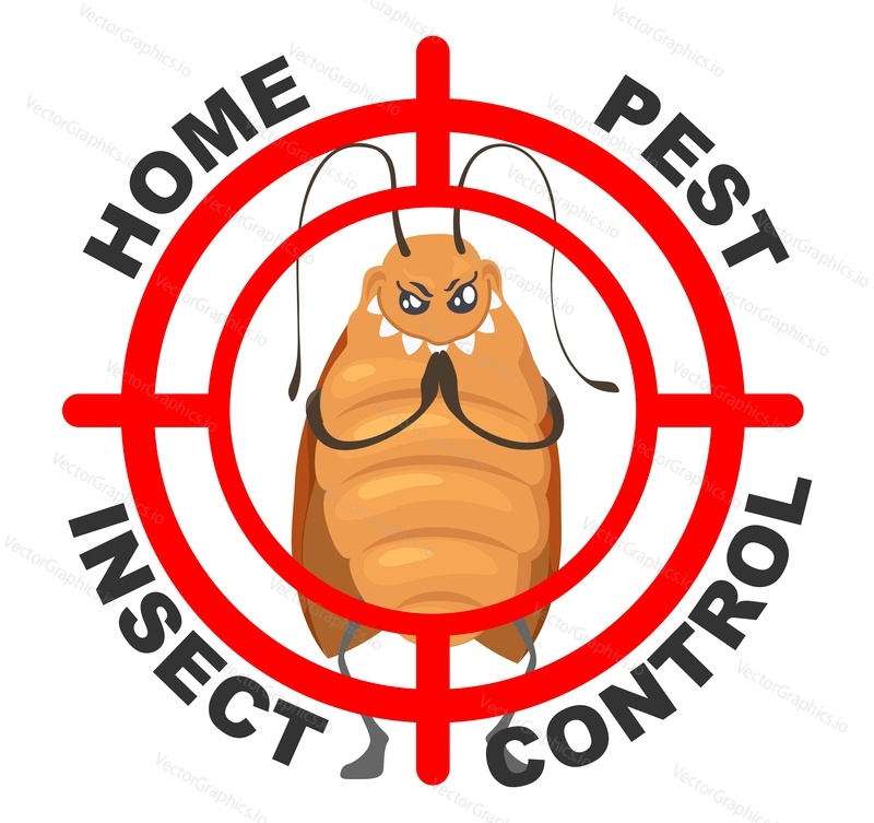 Home pest insect control service vector sign with red target weapon aim. Disinfection icon, cockroach stop emblem. Parasites extermination flat illustration isolated on white background