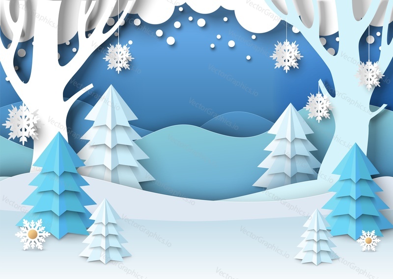 Winter vector background in paper cut craft art style. Christmas and happy new year with snow covered tree, pine fir and snowflake over mountain hills illustration