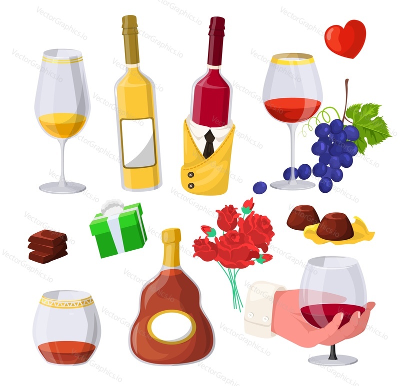 Wine and cognac vector. Drink bar cartoon set. Glass bottle, wineglass and sweet snack isolated on white background. Alcohol beverage for romantic dating, party celebration and holiday greeting