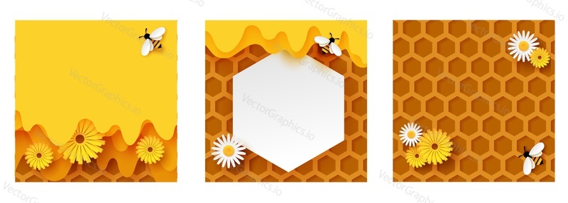 Медовый абстрактный фон для набора векторов социальной сети. Реклама садовых товаров пчеловода с пчелами и сотами. Иллюстрация обоев из сладкого органического продукта