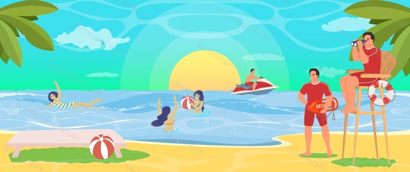 Tropical beach lifeguard at work flat vector. Tropical resort with people resting swimming in sea or ocean and lifesaver rescue team cartoon illustration. Tropical landscape, travel and vacation