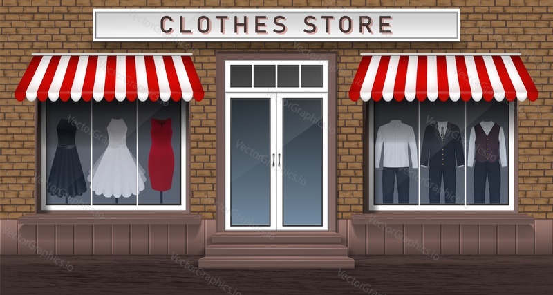 Retail clothes store shop vector. Fashion boutique, shopping mall exterior illustration. Market display with elegant luxury apparel on mannequin. Showcase with trendy outfit for man and woman