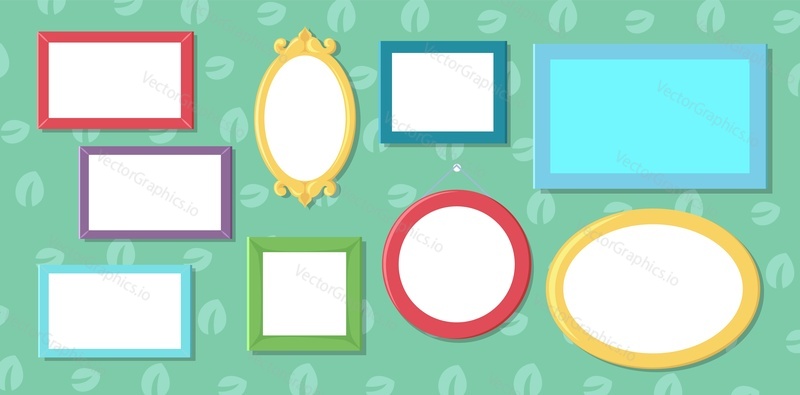 Frame for photo on wall background vector illustration. Empty blank border interior design. Family picture, art gallery artwork template with different form and shape