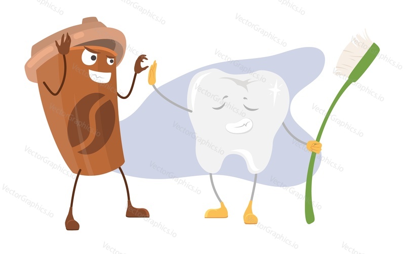 Bad habit vector. White tooth and coffee drink illustration isolated on white background. Hygiene problem, dentistry disease, enamel darkening with caffeine. Harmful aromatic drink