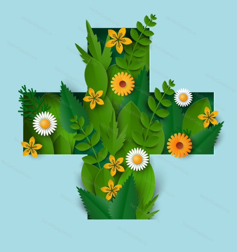 Логотип медицины и аптеки. Векторный медицинский крест с украшением из зеленых травяных растений. Значок здоровья и гомеопатии. Иллюстрация символа холистической компании и здравоохранения