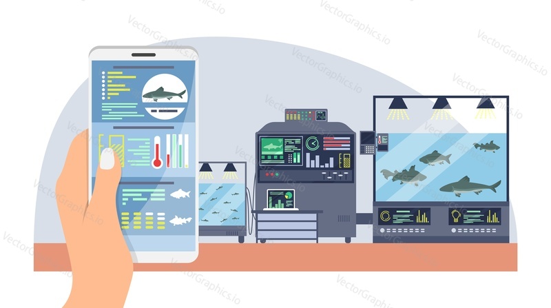 Fish smart farm flat vector. Digital agriculture technology illustration. Farming system for automated growing and seafood cultivation. Human character holding phone with industry control app