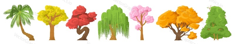 Garden, forest and park tree vector illustration. Isolated wood set. Blossoming, evergreen, tropical exotic or autumnal plants for backyard landscaping and game constructor