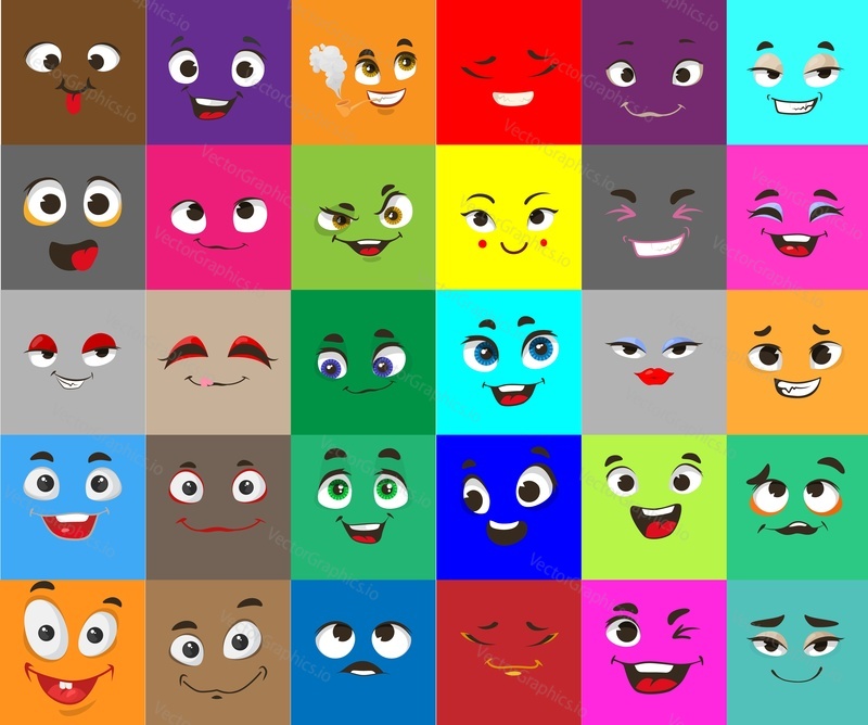 Emoji vector set. Cute cartoon emoticon showing bad and good opposite feelings illustration. Colorful communication speech bubbles square with kawaii face