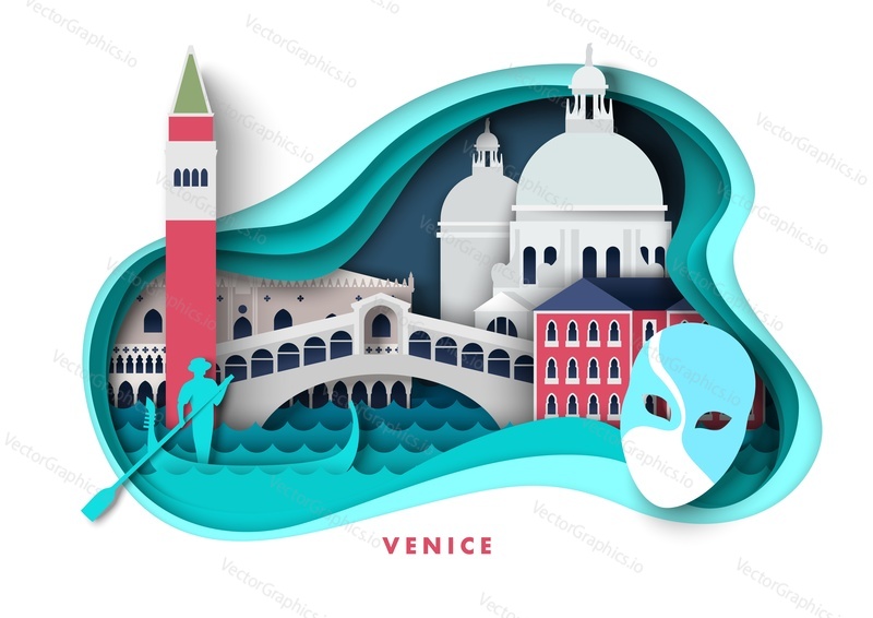 Венеция, европейский город в Италии, вектор. Историческое здание Италии и знаменитая архитектурная иллюстрация. Венецианское место назначения, городской пейзаж оригами. Плакат, вырезанный из бумаги для путешествий и туризма