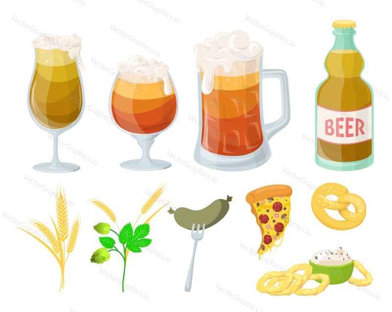Beer drink flat vector cartoon party set. Glass, mug and bottle with craft alcoholic beverage and fastfood pizza with snack isolated illustration. Oktoberfest festival or outdoor picnic concept