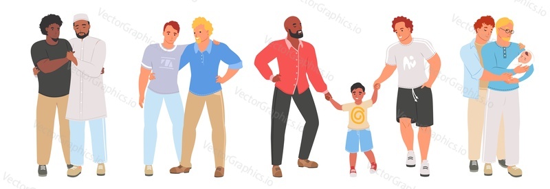 Gay couple vector set. LGBT love character illustration. Flat man family with kids, romantic homosexual spouse isolated on white background. Interracial beloved boyfriend pair