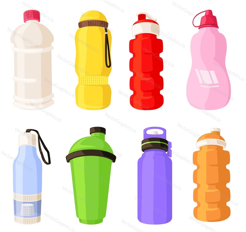 Sport water bottle vector. Reusable flask for fitness isolated set. Container mockup icon. Thermo package, shaker for fitness supplement. Beverage packaging item on white background