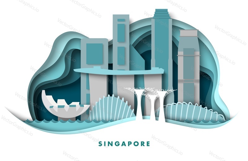 Вектор города Сингапур. Азиатский город с известным бизнесом, древней исторической и современной достопримечательностью. Туристическое место назначения с уникальной архитектурной иллюстрацией. Вырезанный из бумаги туристический плакат