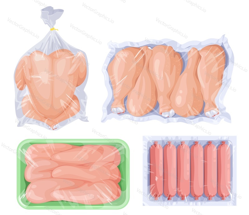 Vacuum poultry meat food vector illustration. Set of fresh raw chicken bosy, legs, fillet, sausages wrapped with polyethylene kitchen saran film supermarket product