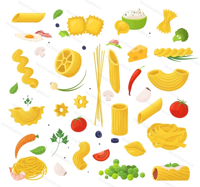 Pasta with vegetable and garnish vector set. Italian spaghetti and macaroni, chinese noodles and classic wheat uncooked raw food illustration. Variety of traditional nutrition