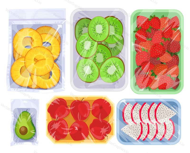 Vacuum food set vector. Fresh organic natural fruits slice in pack wrapped with polyethylene kitchen saran film set. Vegan packet packaging for safe storage and delivery. Supermarket product