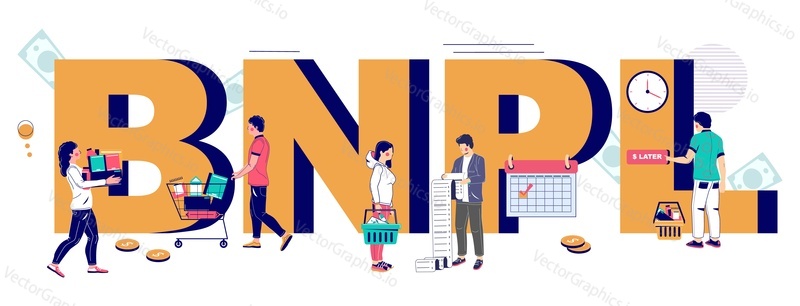 Buy now pay later BNPL online shopping vector poster. Retail e-commerce, digital marketing, credit purchase on internet with sale discount concept
