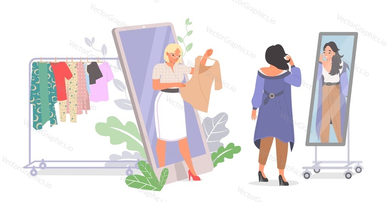 Personal fashion online stylist consulting client via smartphone vector illustration. Professional shopper giving shopping guidance and advice regarding choice new apparel