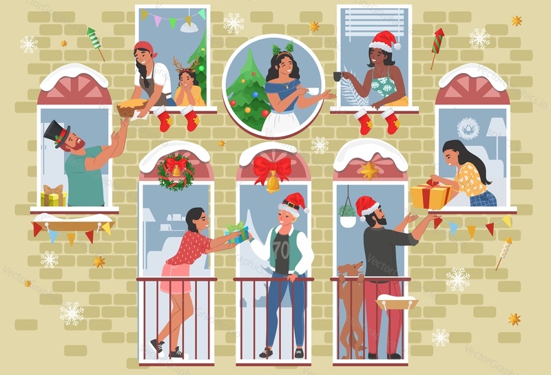 Вектор рождественских соседей. Счастливые люди-соседи в окне жилого дома поздравляют и здороваются друг с другом. Карантин в праздничные дни, социальное дистанцирование, концепция пребывания дома