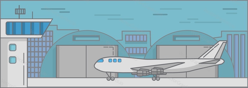 Здание аэропорта и самолет на взлетно-посадочной полосе векторная иллюстрация. Плоский фон аэровокзала с авиалайнером, движущимся по взлетно-посадочной полосе. Архитектура прибытия и отбытия