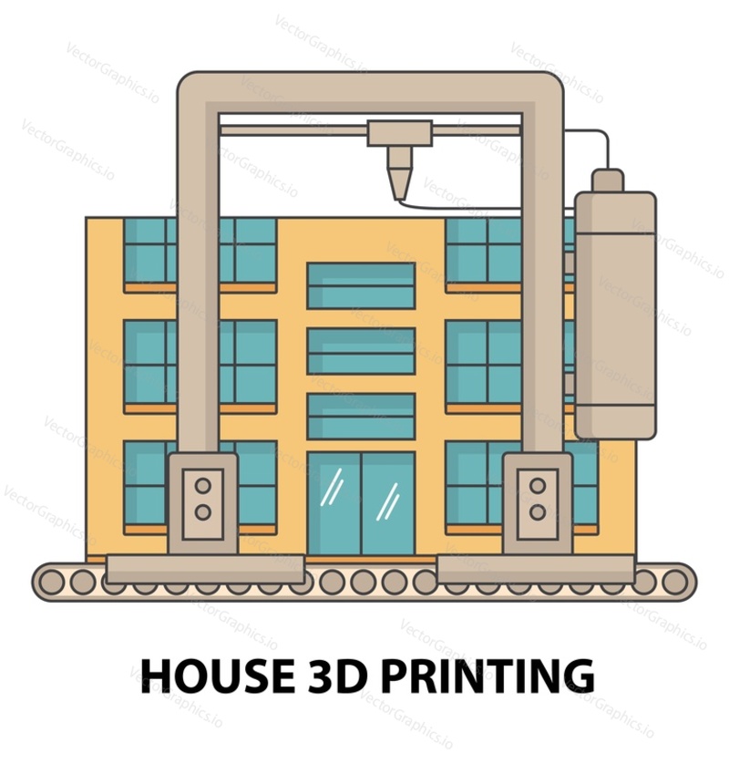 House 3d printing flat vector illustration. Home building model construction making on 3d-printer machine. Printshop technology equipment workflow