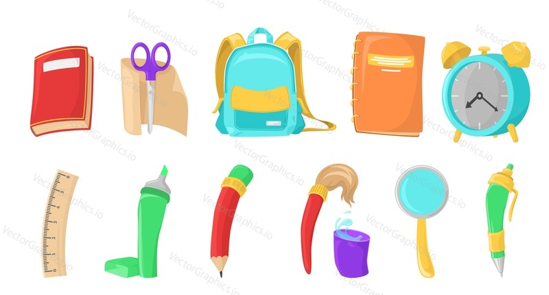School set vector. Education supplies icon flat illustration. Stationery equipment and study accessories as book, schoolbag, pen and pencil, ruler, alarm clock, magnifying glass and paintbrush