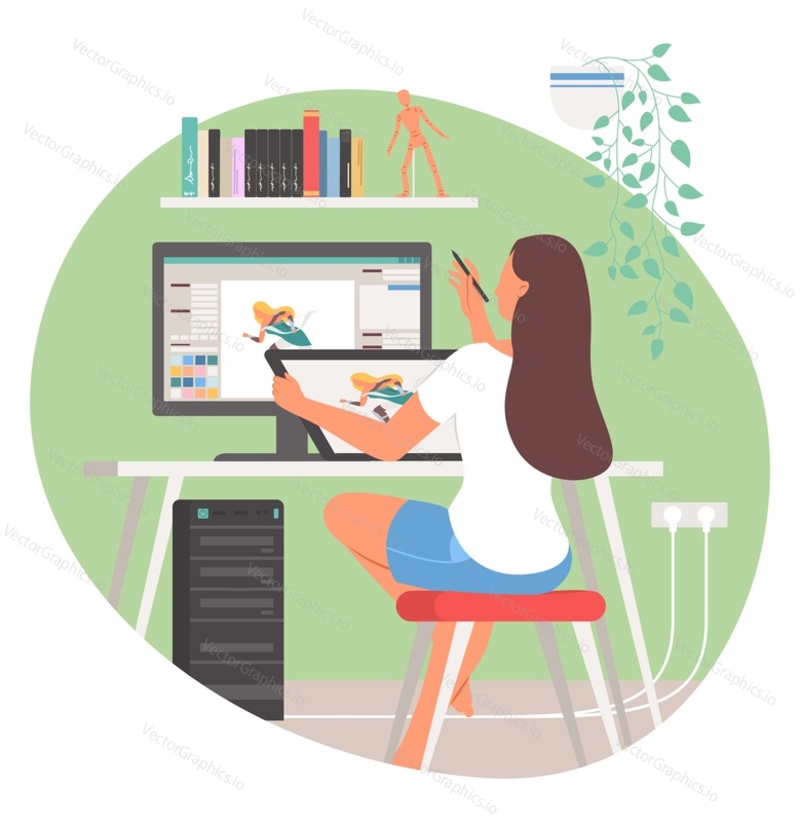 Vector graphic art design. Female artist work in office illustration. Woman illustrator drawing game assets using computer software at home workspace. Professional creative designer occupation