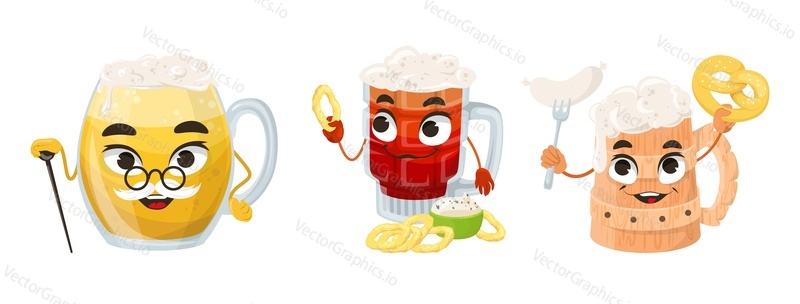 Glass of beer character emoji vector set. Funny cartoon emoticons. Funny glass pint, mug and jar mascot isolated on white background