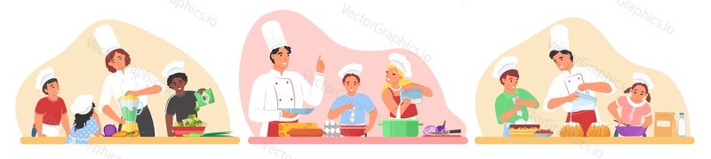 Набор векторных сцен для детского кулинарного курса. Персонаж шеф-повара учит детей готовить еду на кухне ресторана, изолированный на белом фоне. Образовательный класс для маленьких мальчиков и девочек, любящих кулинарию