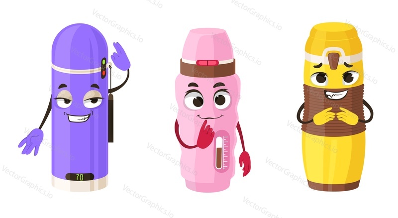 Thermos funny character flat vector. Kawaii face set. Portable reusable flask smiling, having idea, showing excited emotion illustration isolated on white background