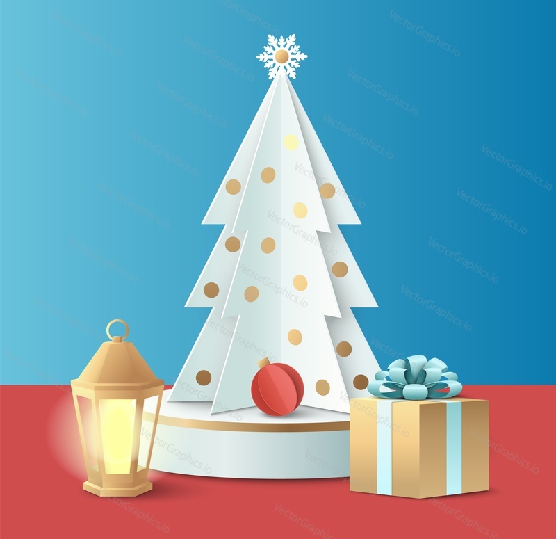 Origami Christmas tree with gift box and lantern vector design. Xmas present and greeting to happy new year illustration. Festive card, poster or banner template