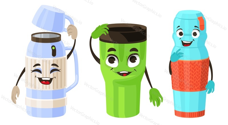 Thermos emoticon vector. Cute flask cup set. Happy portable water package cartoon face illustration isolated on white background. Kawaii mascot with positive expression
