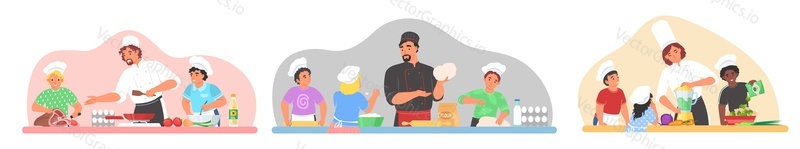 Плоская векторная иллюстрация детского кулинарного класса. Сцена кулинарного урока по приготовлению супа, блинов, салата, выпечки изолирована на белом фоне