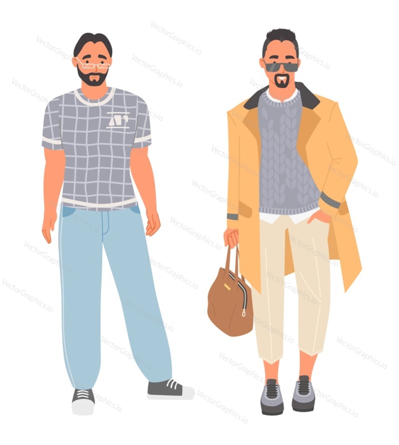 Portrait of man with fashion look. Vector male character wearing modern trendy outfits. Young people dressed in stylish casual summer clothes. Fashionable guy isolated on white background