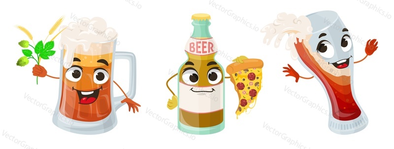 Счастливый милый пивной персонаж, изолированный векторный набор. Забавная бутылка, пинтовая кружка и стакан алкогольного напитка с пищевой закуской и иллюстрацией пшеничного колоска и хмеля. Лицо талисмана со смайликом
